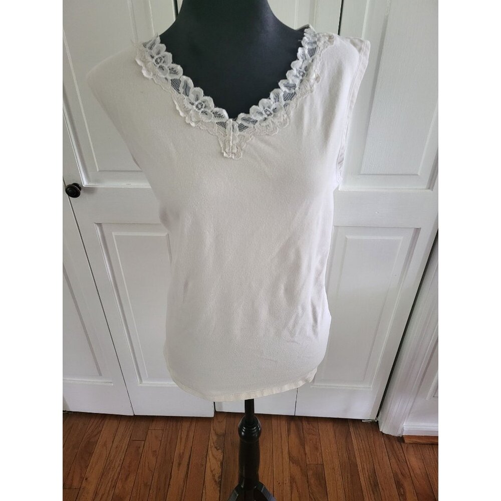 Vintage y2k Ivory Tank Top Lace Trim White Stag XXL Coquette y2k Neutral